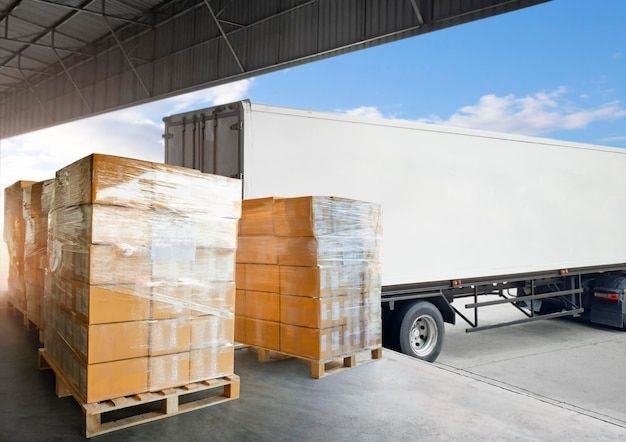 Kiện hàng carton trên pallet chuẩn bị bốc xếp lên xe tải