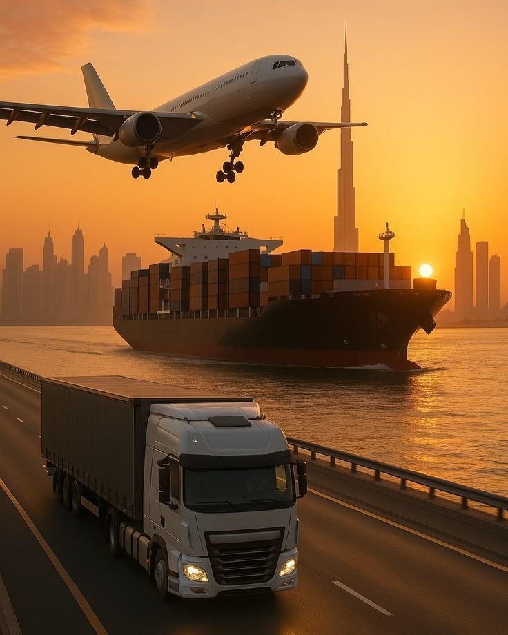 Ảnh chụp máy bay, tàu container và xe tải đang di chuyển, thể hiện dịch vụ logistics đa phương thức trong bối cảnh hoàng hôn.