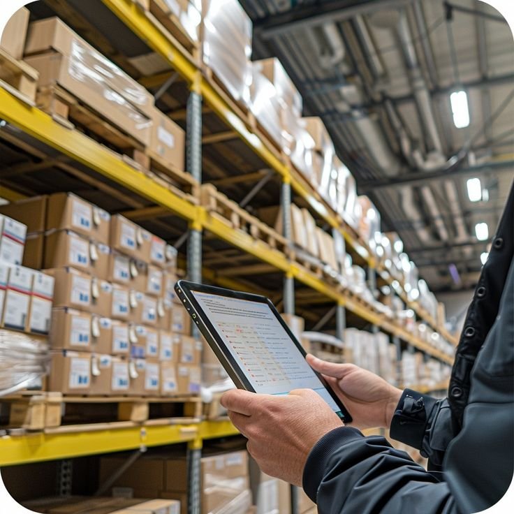 Nhân viên kho hàng đang cầm máy tính bảng kiểm tra hàng hóa trong kho có các kệ chứa đầy thùng carton.