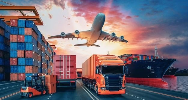 Máy bay đang cất cánh trên bầu trời hoàng hôn kết hợp với xe tải, tàu biển và container tượng trưng cho dịch vụ logistics quố