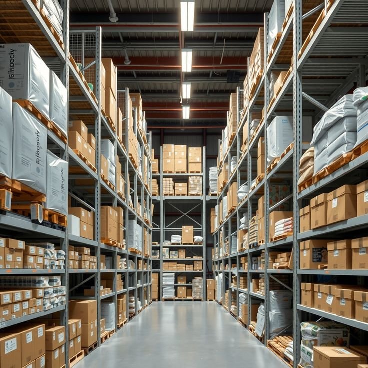 Kho hàng rộng lớn với các kệ sắt cao tầng chứa đầy hộp carton và hàng hóa xếp gọn gàng.