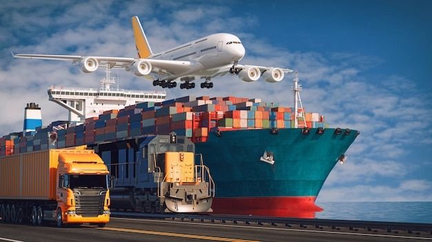Ảnh chụp máy bay, tàu container, tàu hỏa và xe tải tượng trưng cho dịch vụ logistics và vận tải đa phương thức quốc tế.